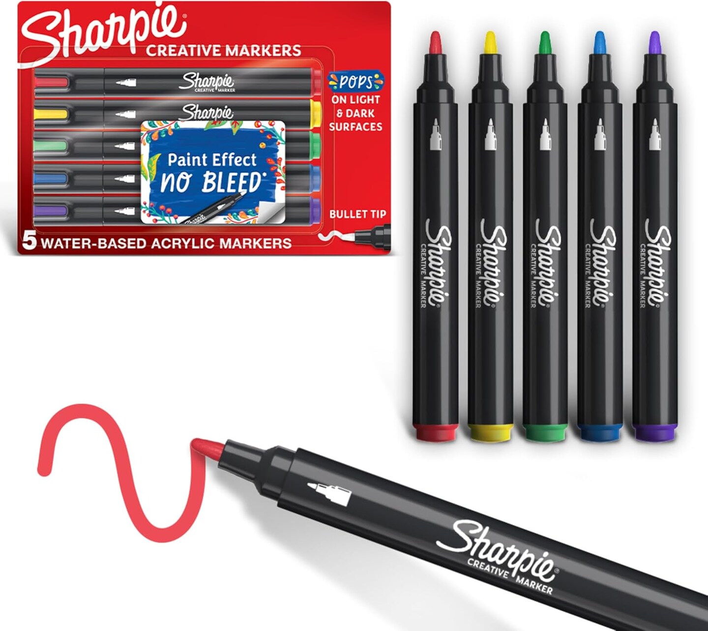 Sharpie Creative Markers, Water-Based Acrylic Markers, Bullet Tip, Assorted Colors, 5 Count, Ideal for Paper, Metal, Wood, Ceramic, and Canvas