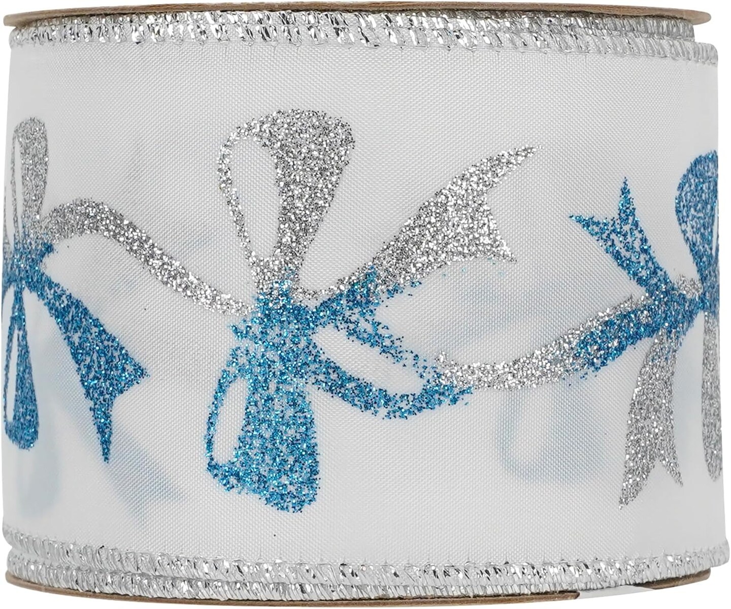 Blue and Silver Christmas Ribbon 2.5 Inch White Satin Ribbon with Turqupise and Silver Glittery Bows Pattern 25 Yards Blue and Silver Christmas Wired Ribbon for Tree, Garlands, Topper Bow