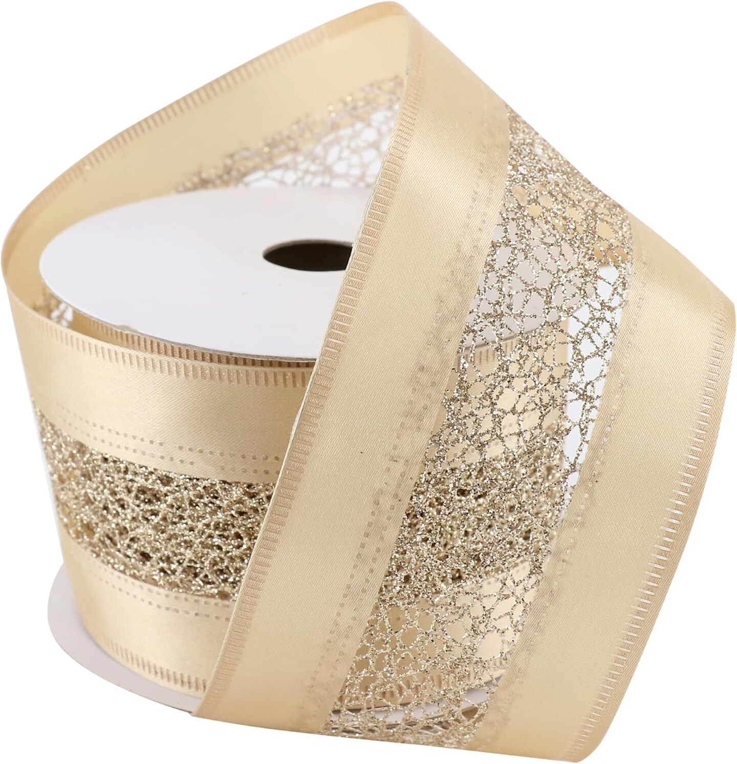 Champagne Gold Christmas Ribbon Wired 2.5" x 10 Yard Champagne Wired Satin Ribbon with Glitter Mesh Wired Ribbon for Christmas Tree Topper Bows, Wreaths, Crafts, Home Decor, Gift Wrapping