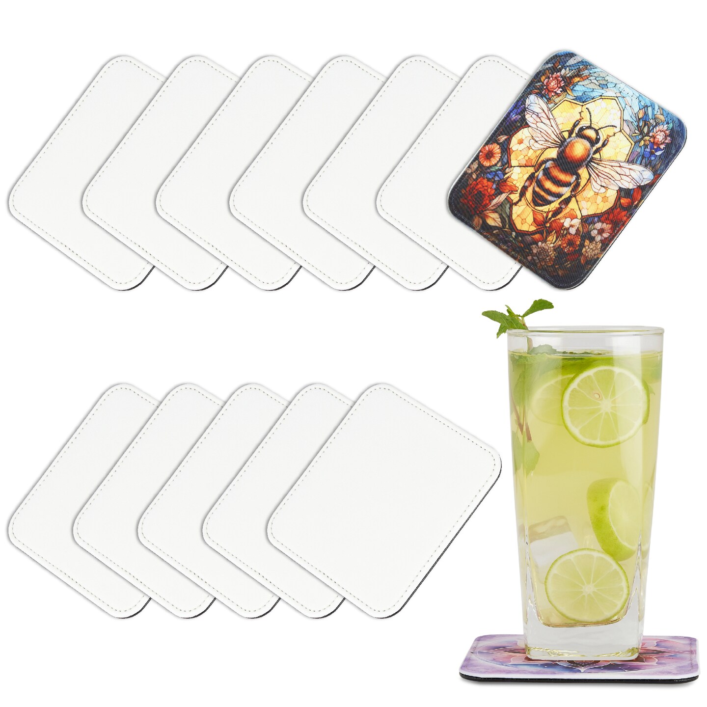 Makerflo Sublimation Square Coaster of PU Leather Non Slip Blank Cup Mat Heat Transfer Cup Pad for Tabletop Protection DIY Crafts - Sublimation