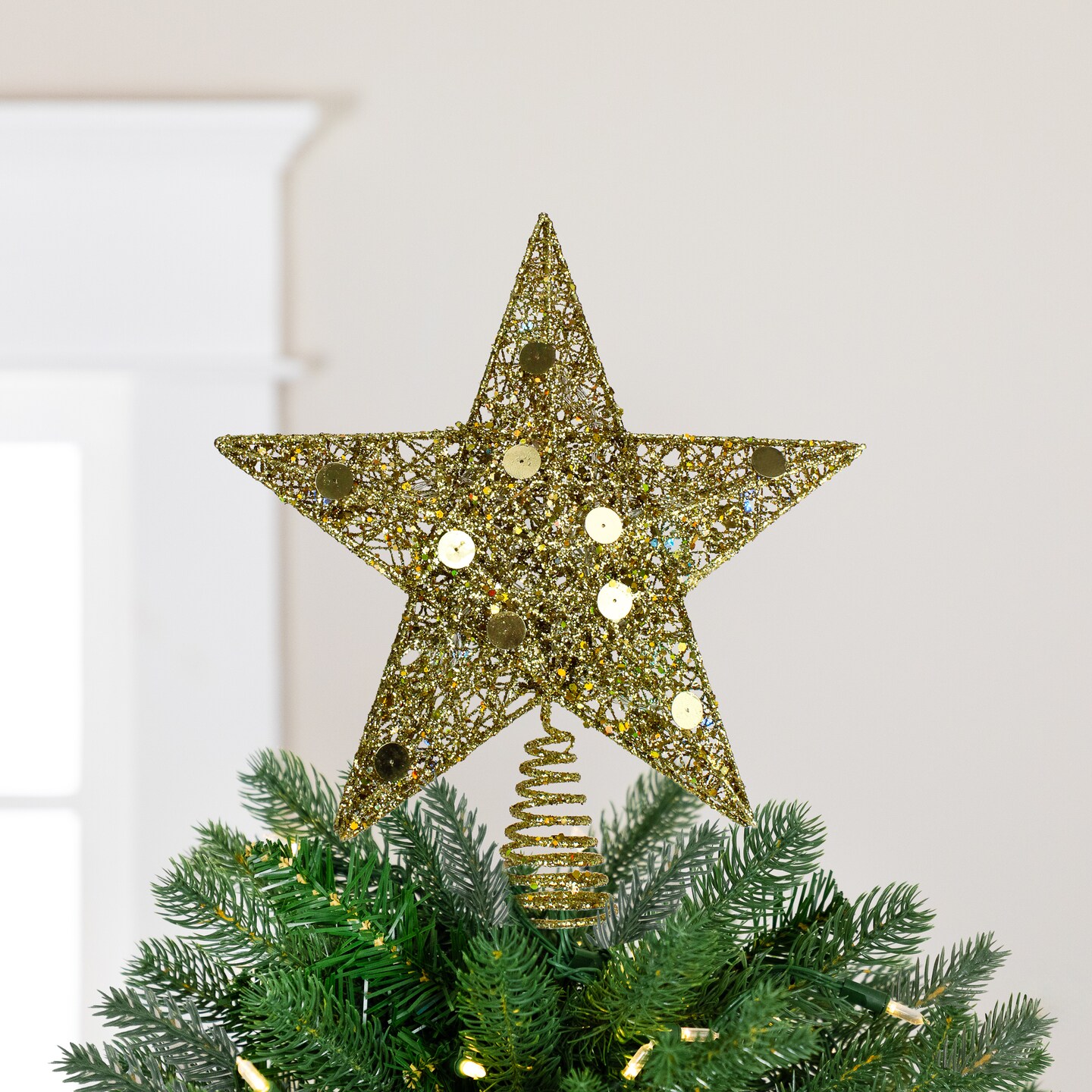 Northlight 11.5&#x22; Pre-Lit Gold Glittered Star Christmas Tree Topper - Multi Color Lights
