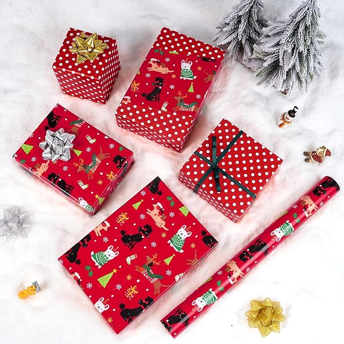 1 Roll 17” x 33 ft Puppy Red Kids Christmas Wrapping Paper Birthday Party Gift Funny Christmas Wrap Decoration Polka Dot
