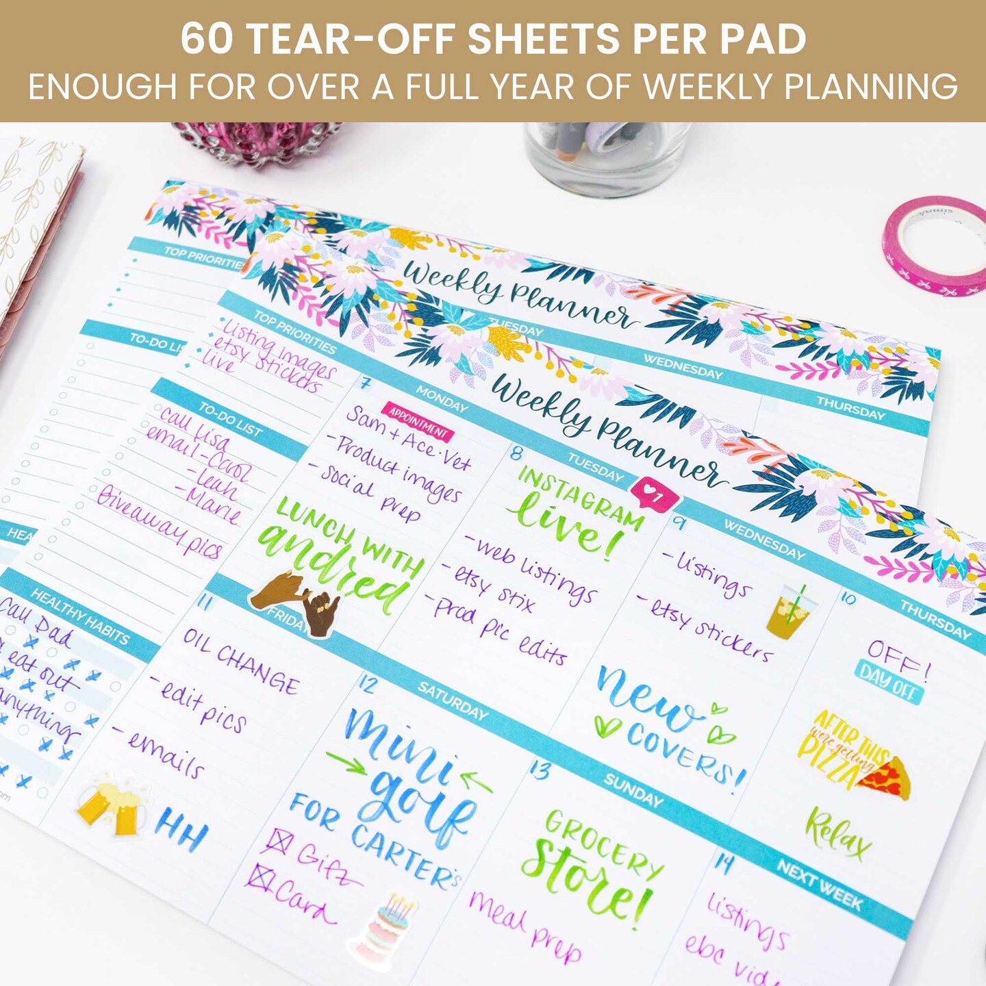 bloom daily planners Planning Pad, 8.5&#x22; x 11&#x22;, Horizontal Weekly Planner, Teal Floral