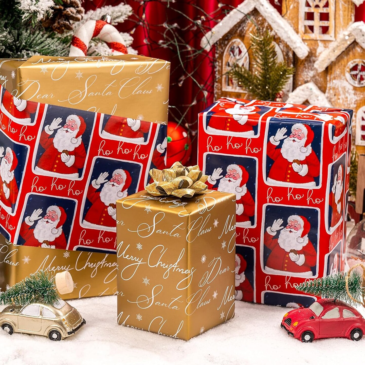 Vintage Christmas Santa Wrapping Paper Roll - 17 Inch X 33 Feet - Reversible Red Festive Season&#x27;s Greetings Santa Holiday Christmas Gift Wrap Thick Paper for Christmas, Birthday, New Year