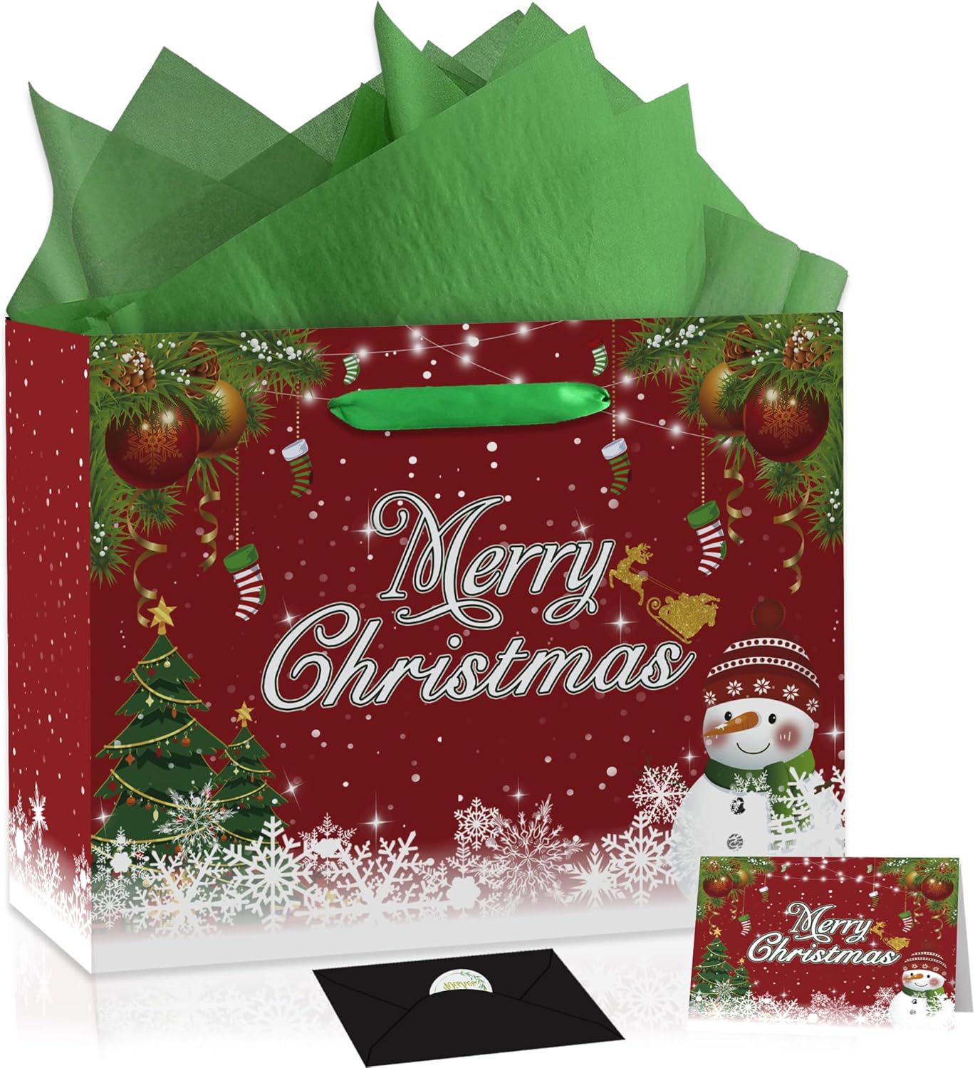 Christmas Gift Bags, Red Merry Christmas Bags with Card and Tissue Paper, Large Christmas Gift Wrapping Paper Christmas Treat Bag, Gift Bags for Christmas Party Decorations Supplies (Red)