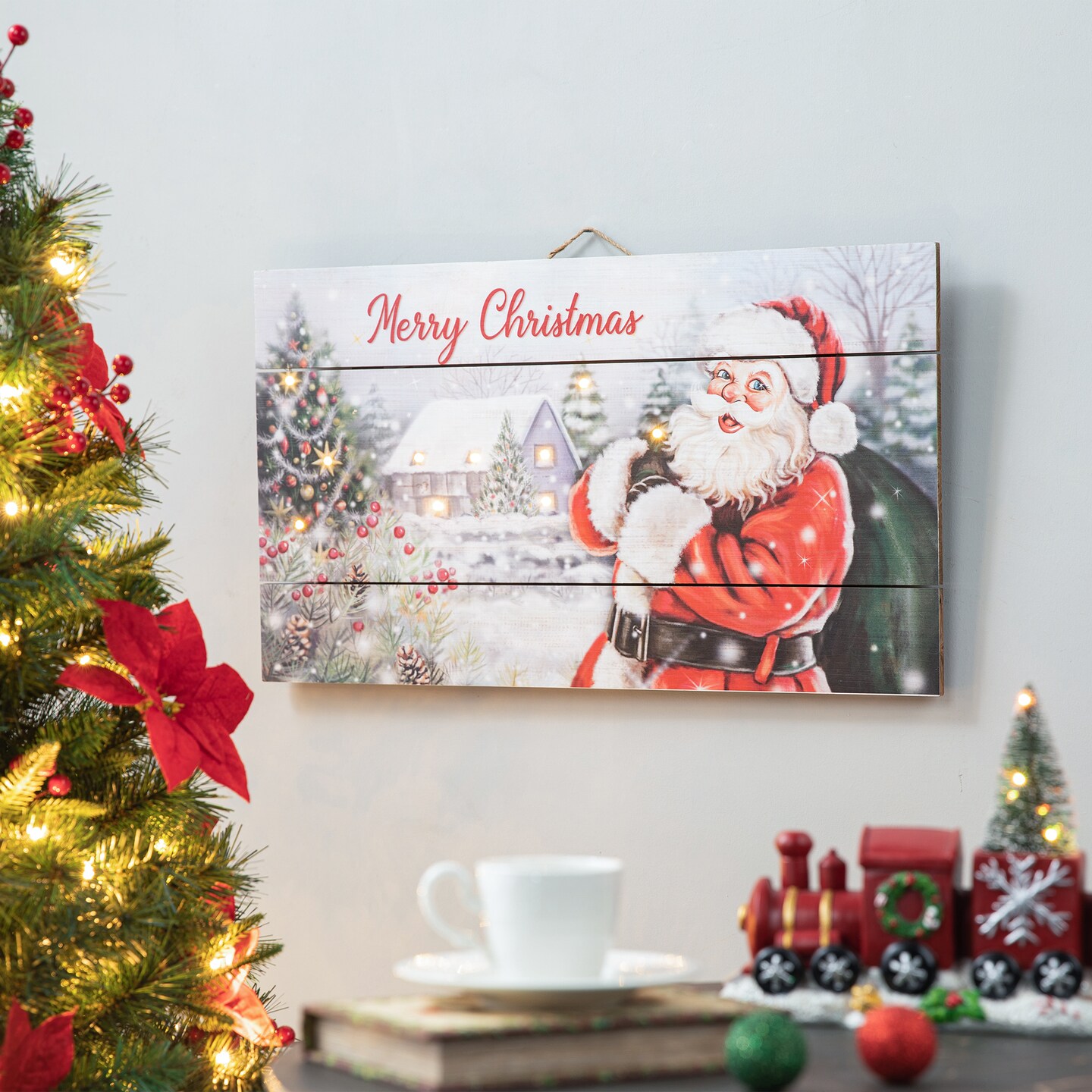 Set of 2 24&#x22;L Lighted Wooden Santa Wall Decor