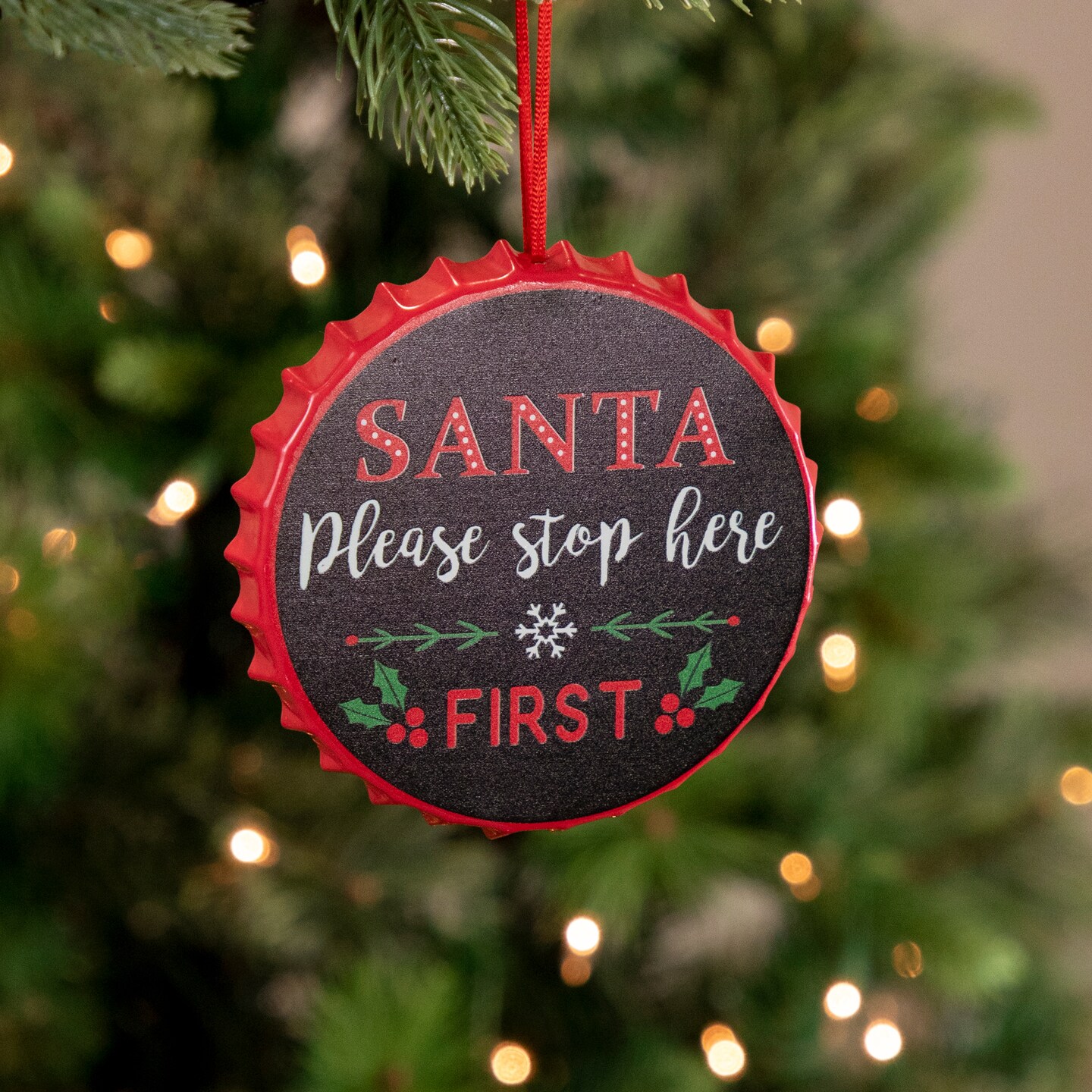 Northlight 4" Black 'Santa Please Stop Here First' Bottle Cap Christmas Ornament