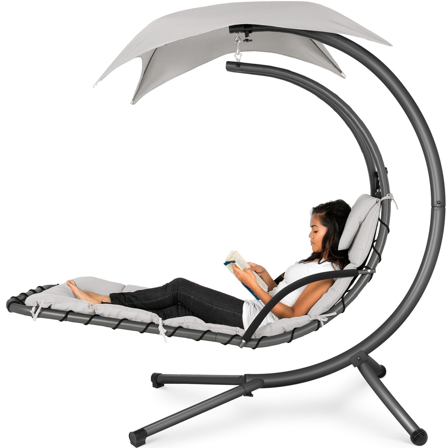 Best Choice Products Hanging Curved Chaise Lounge Chair Swing for Backyard, Patio w/ Pillow, Shade, Stand
