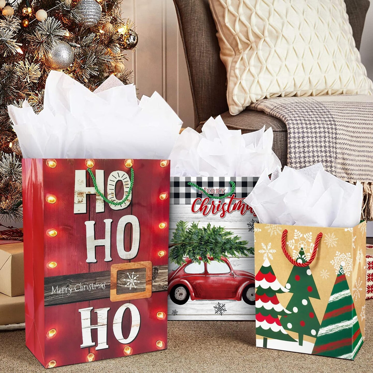24 Christmas Gift Paper Bags Bulk with handles and 60 Count Christmas Gift Tags-Assorted sizes set for Wrapping Xmas Holiday Presents(6 Jumbo,6 Large,6 Medium,4 Small,2 Wine)