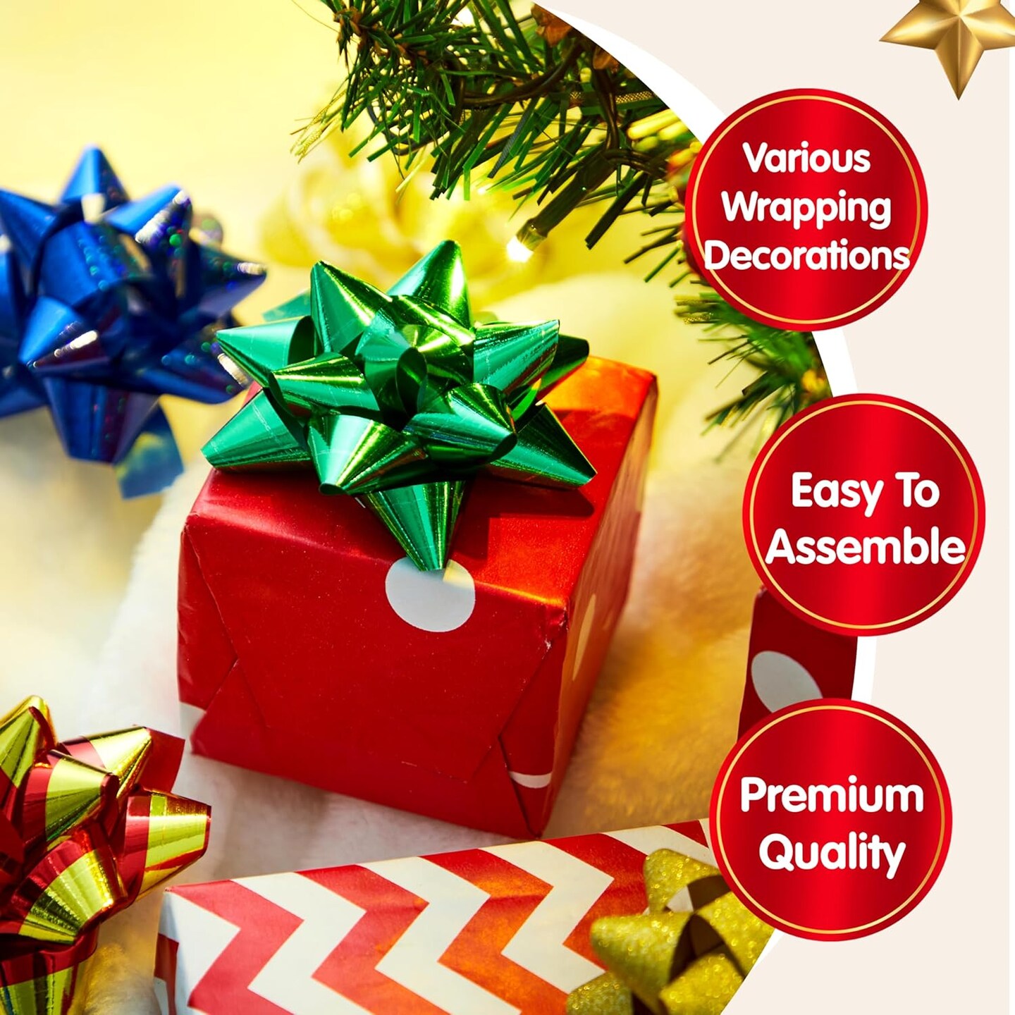 75 PCS 3 Inch Christmas Self Adhesive Gift Bows and 2 Rolls of Christmas Curling Ribbons for Baskets, Wine Bottles Decoration, Gift Wrapping and Decoration Present