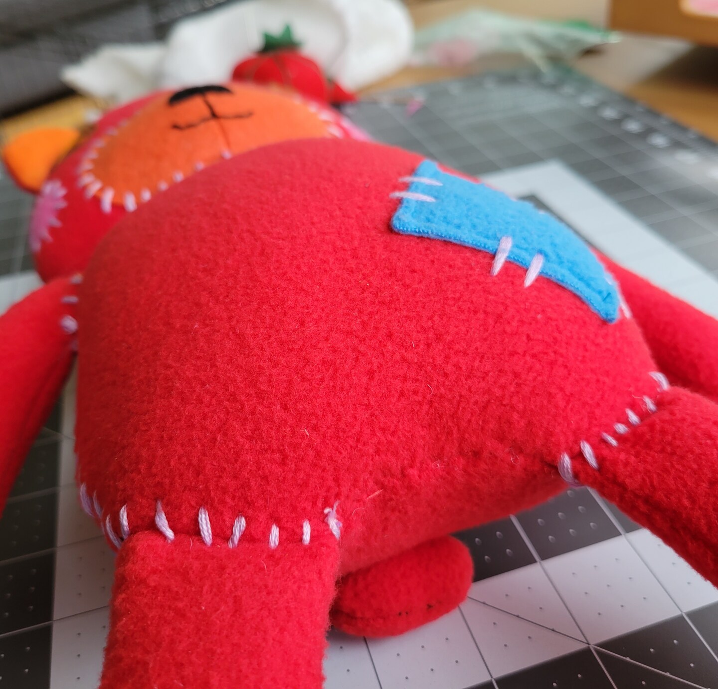 Melon Red Stuffed Animal Plush with Patches and Stitches, Handmade