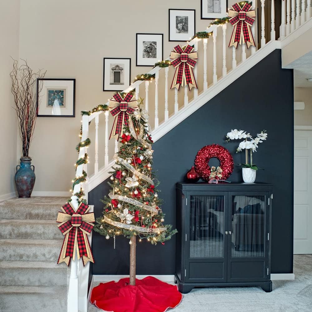 2PCS Christmas Wreath Bows, Red Black Buffalo Plaid Bows for Wreath Beige Rustic Farmhouse Bows for Front Door Winter Christmas Tree Bows for New Year Indoor Outdoor Xmas Decorations