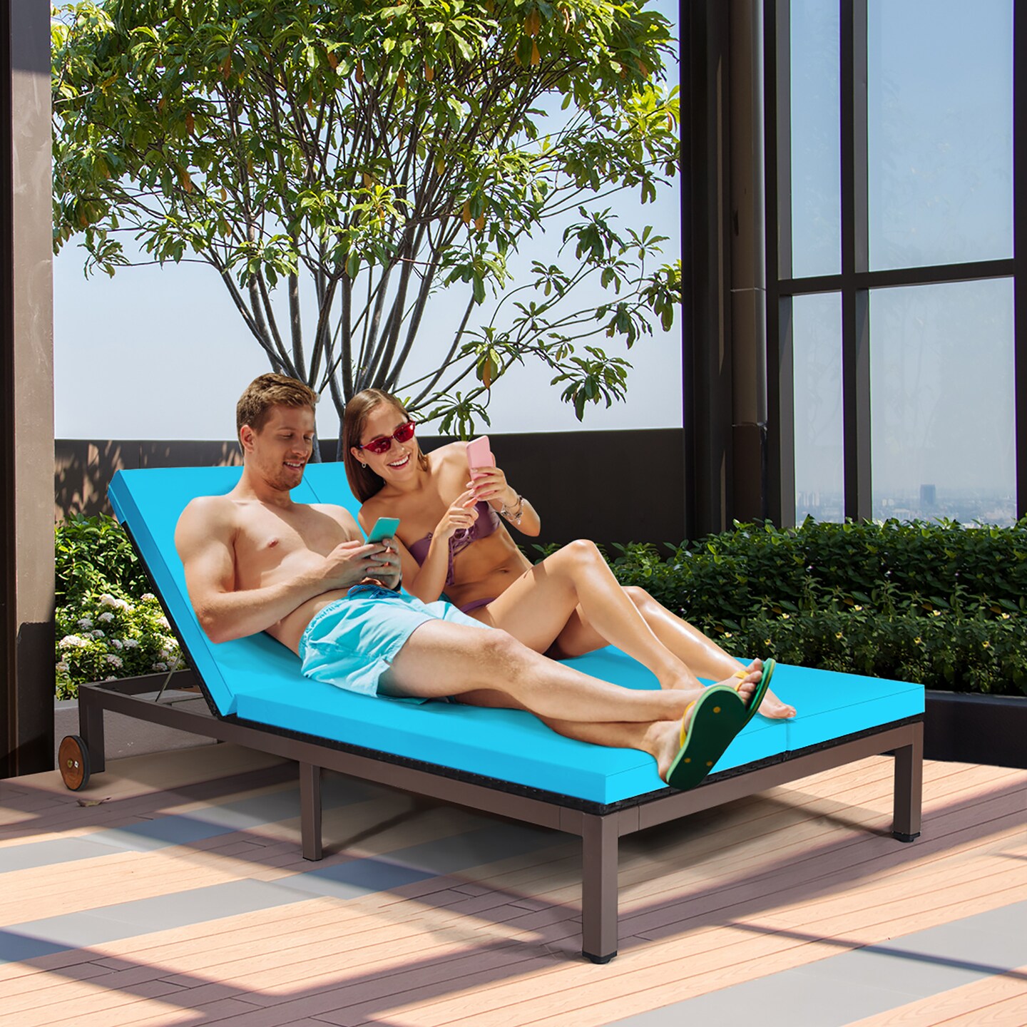 Costway 2-Person Patio Rattan Lounge Chair Chaise Recliner Adjustable Cushion Turquoise