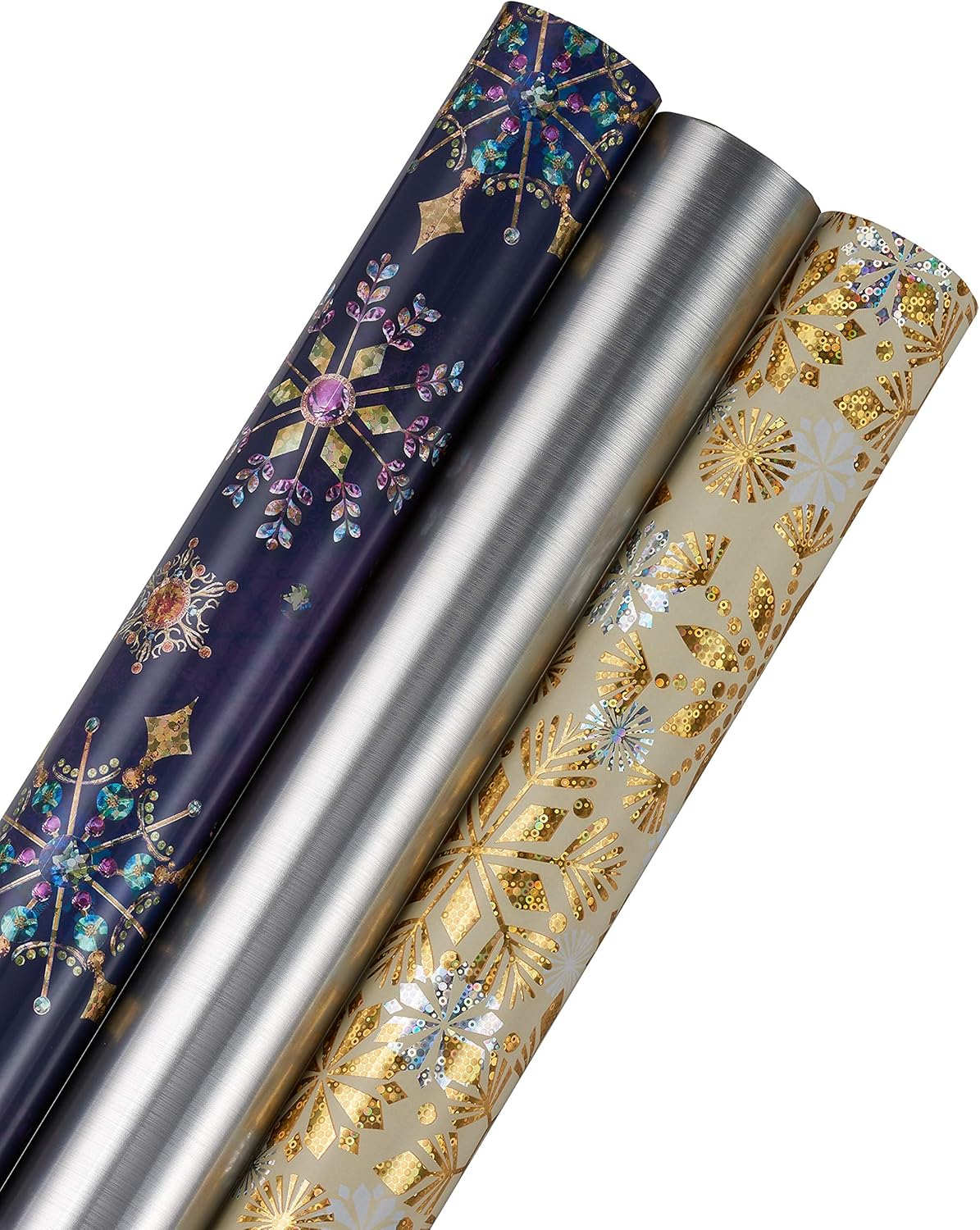 Wrapping Paper Rolls for Christmas, Hanukkah, and All Holidays, Snowflakes Print and Metallic Silver (3 Rolls, 62.5 sq. ft.)