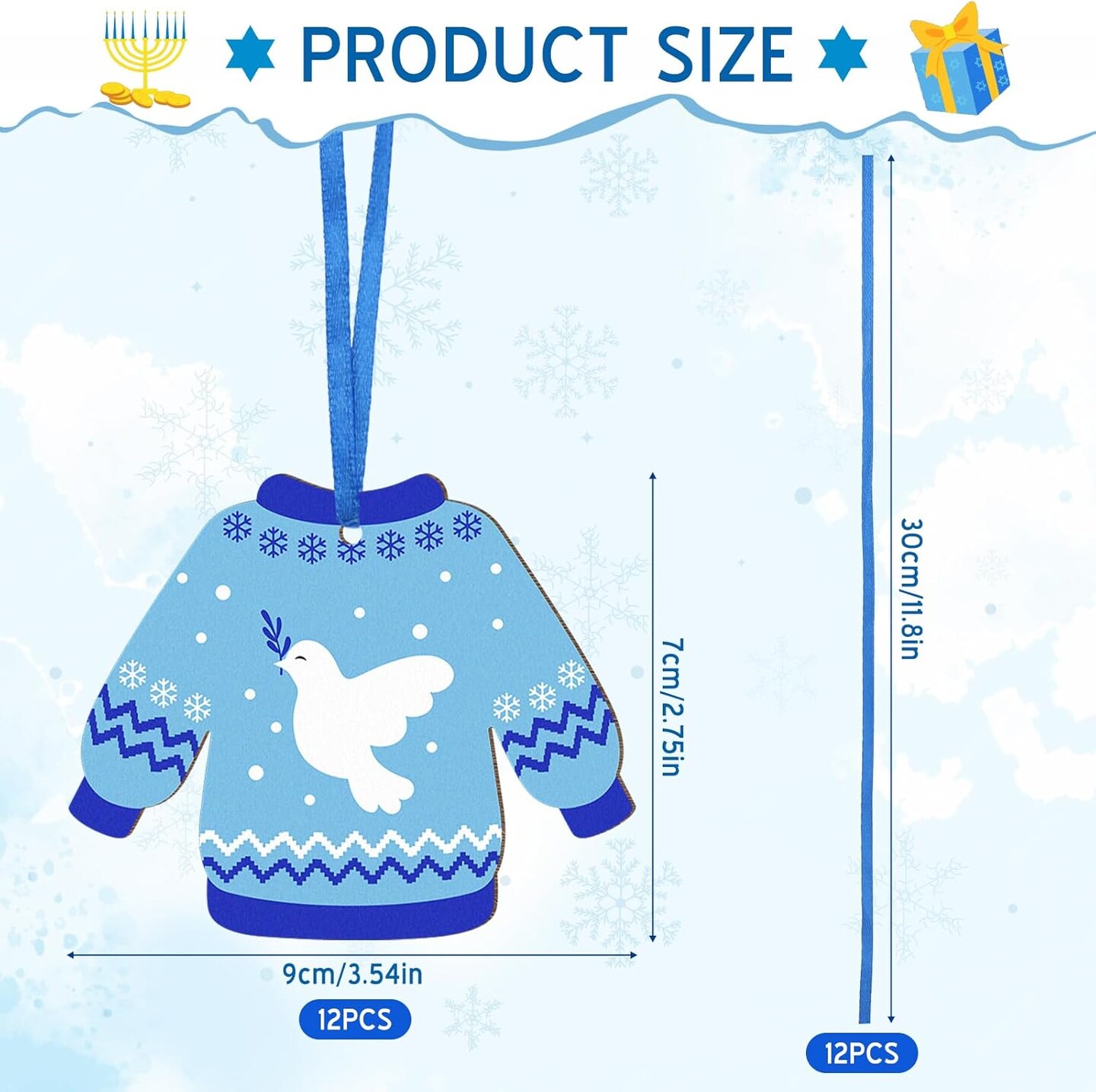 Hanukkah Wooden Ornaments Ugly Sweater Decor Jewish Menorah Dreidel Stars of David Chanukah Hanging Decoration Winter Sweater Pendant for Christmas Tree Decor Party Favors 12pcs