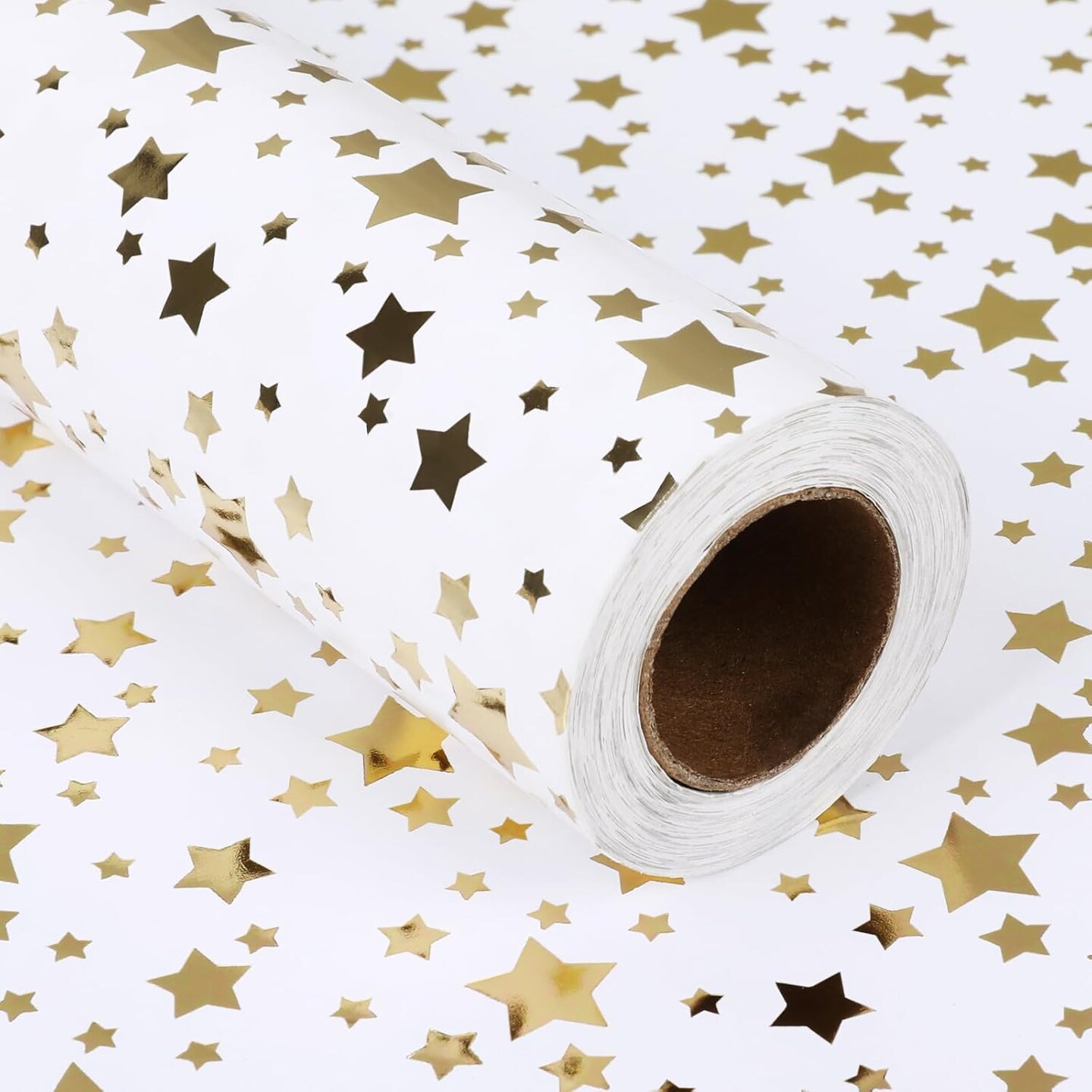 Christmas Wrapping Paper, Gold Foil Star Wrapping Paper Roll, White Gold Wrapping Paper, Gift Wrapping Paper Roll for Christmas, Wedding, Birthday, Party, Baby Shower (17 inch X 32.8 ft)