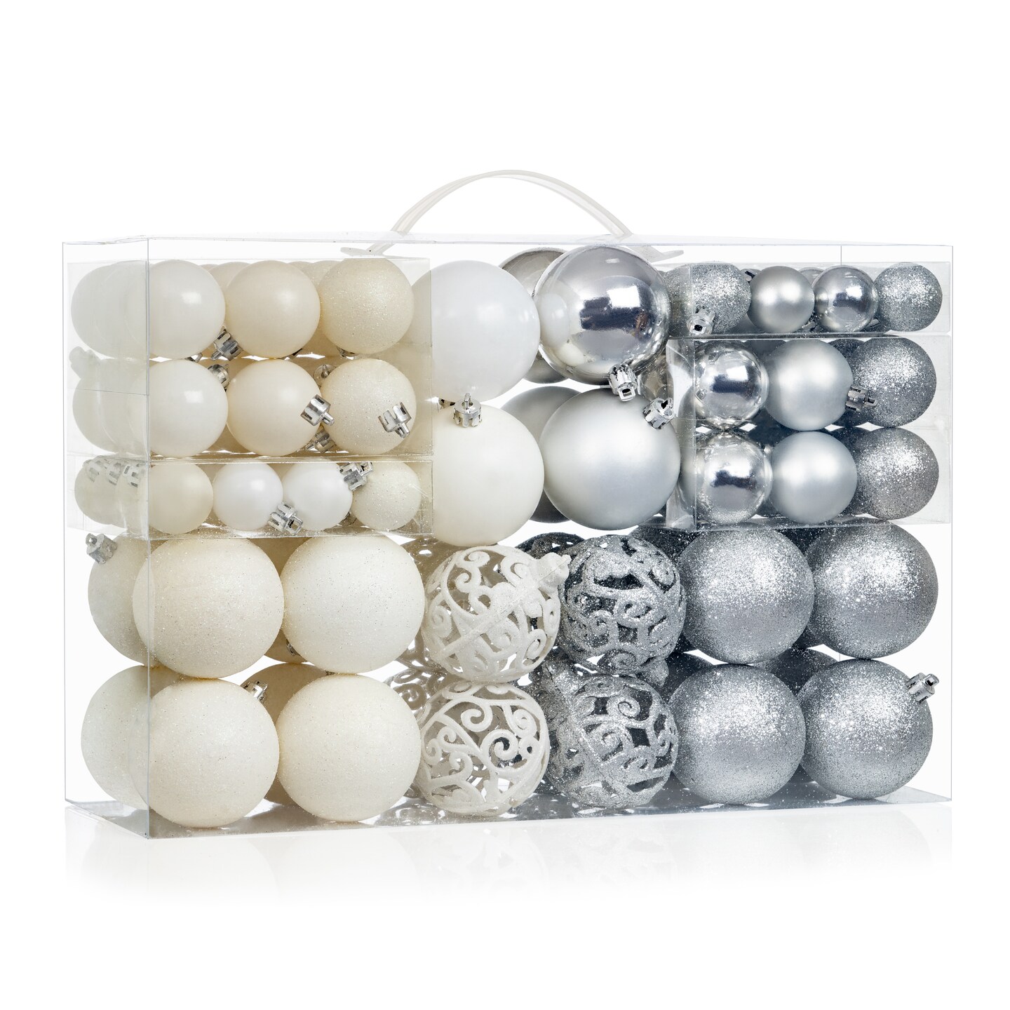R N&#x27; D Toys 100 Silver and White Christmas Ornament Balls Shatterproof + 100 Metal Ornament Hooks, Hanging Ornaments for Indoor/Outdoor Christmas Tree, Holiday Party, Home D&#xE9;cor