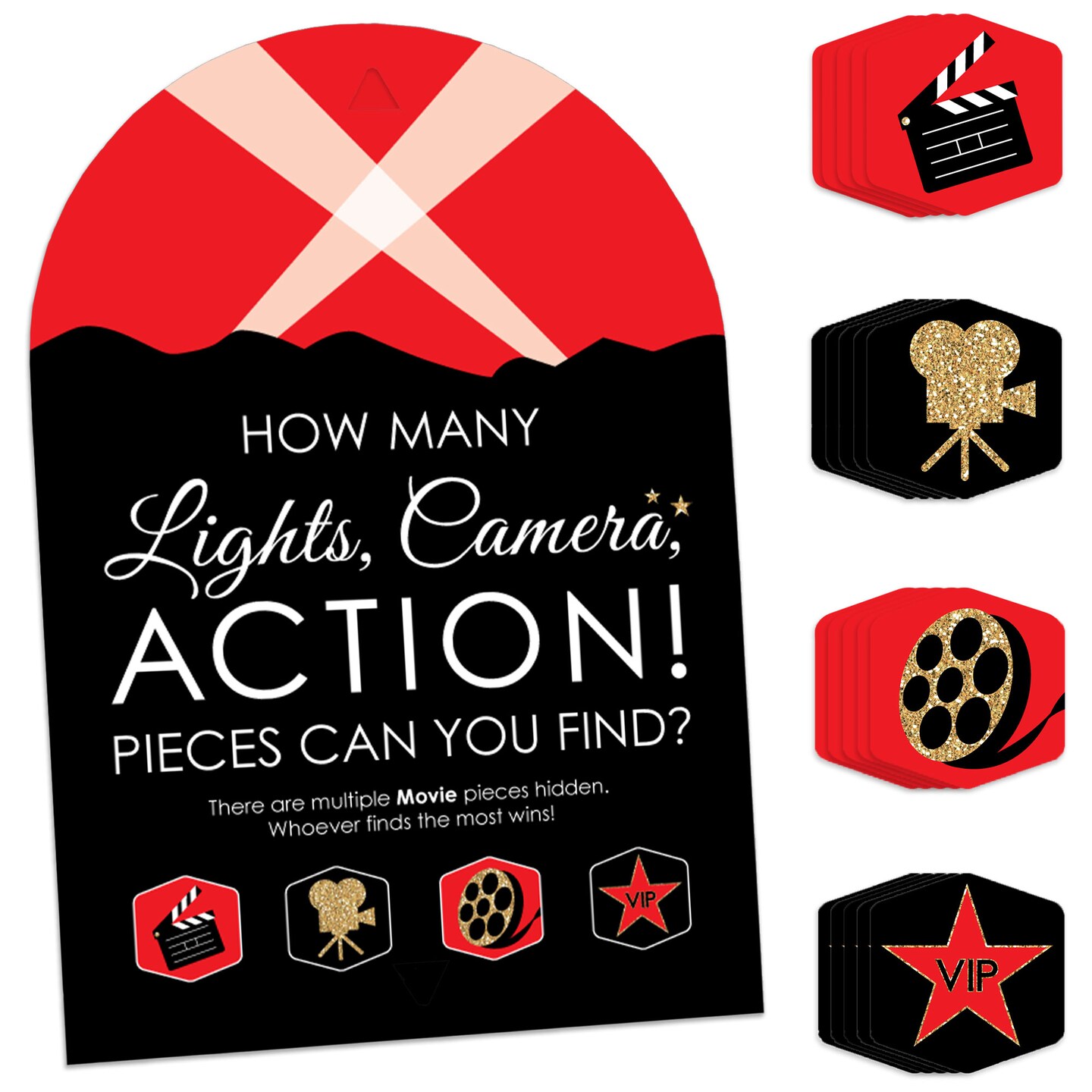 Big Dot of Happiness Red Carpet Hollywood - Movie Night Party Scavenger Hunt - 1 Stand and 48 Game Pieces - Hide and Find Game