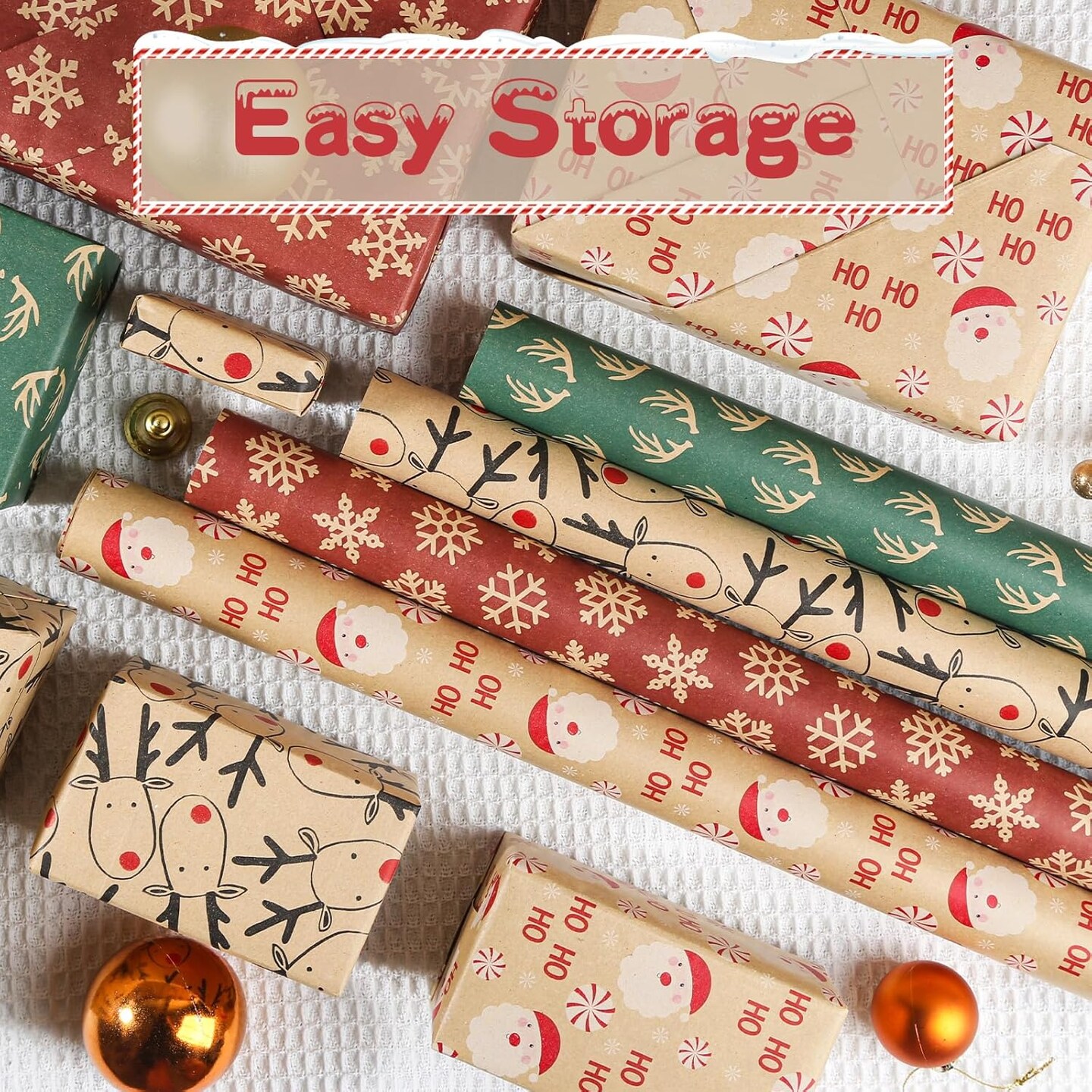 Christmas Wrapping Paper Rolls, Kraft Wrapping Paper Set - Trees, Reindeer, Snowmen and Snowflakes Pattern - 4 Rolls - 17 Inch &#xD7; 120 Inch Per Roll