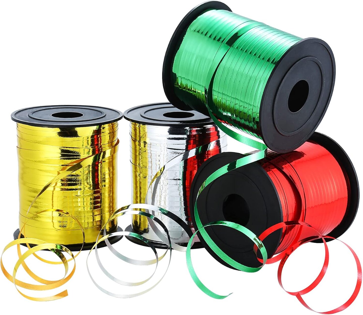 880 Yards Christmas Curling Ribbon Metallic Gold Silver Red Green Shiny Cibbon Set Balloon String Metal Curly Ribbon for Christmas Gift Wrap Craft Holiday Decoration