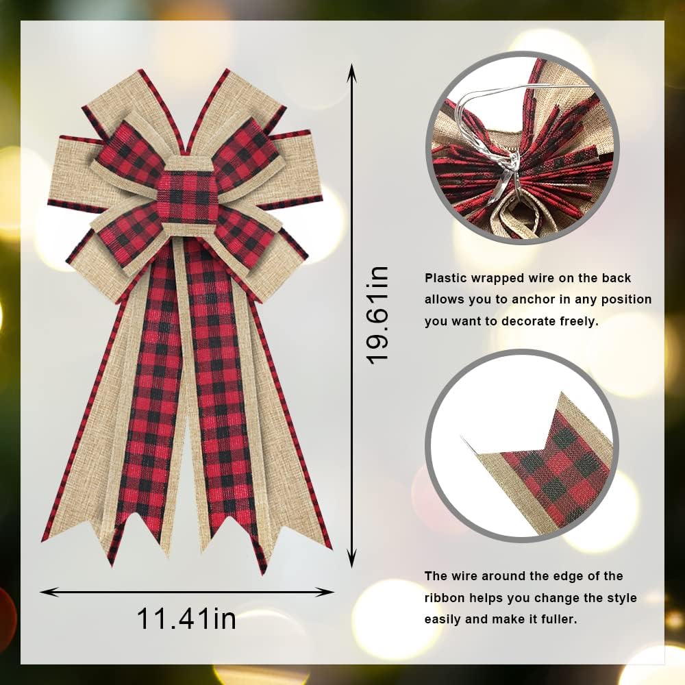 Christmas Wreath Bows Christmas Decor Bow Red Black Buffalo Plaid Burlap Bows for Wreaths, Christmas Ribbon Bows Tree Topper Bows for Christmas Home Indoor Outdoor Decoration Wreath Ornament Supplies