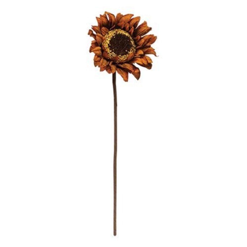 19&#x22;H Burnt Orange Fabric Sunflower with Brown Wrapped Wire Stem