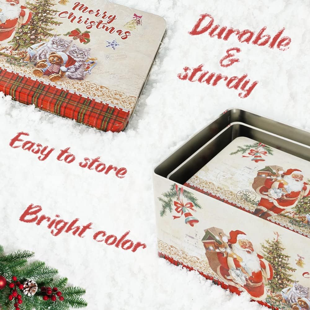 Christmas Cookie Tin Box with Lids, Rectangle Santa Food Storage Gift, Set of 3 Nesting Containers