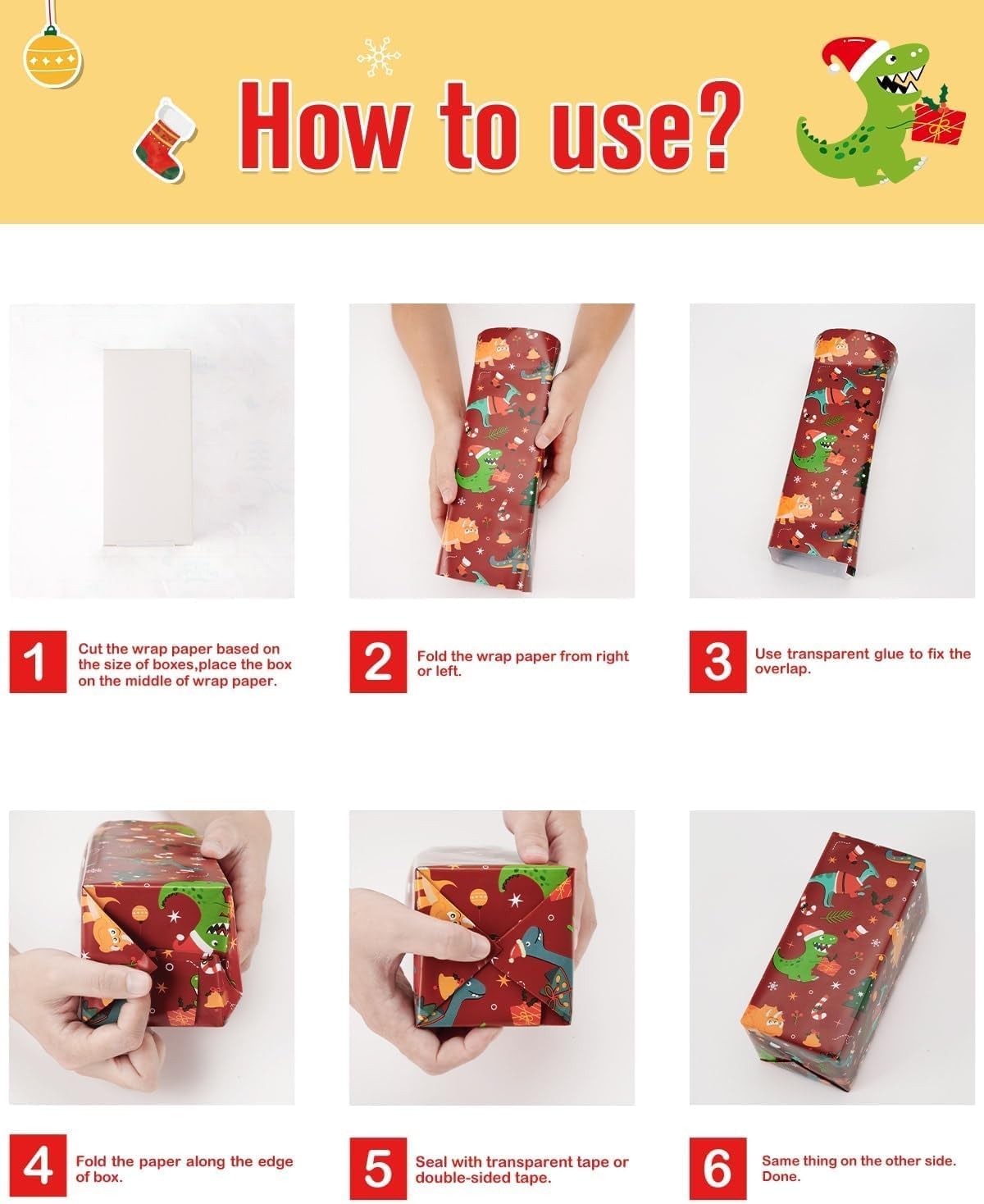 Christmas Kids Wrapping Paper - 3 Rolls 17" x 120" Kids Christmas Dinosaur Wrapping Paper Rolls Boys Christmas Wrapping Papers Christmas Birthday Gift Wrap Paper with Cutting Line