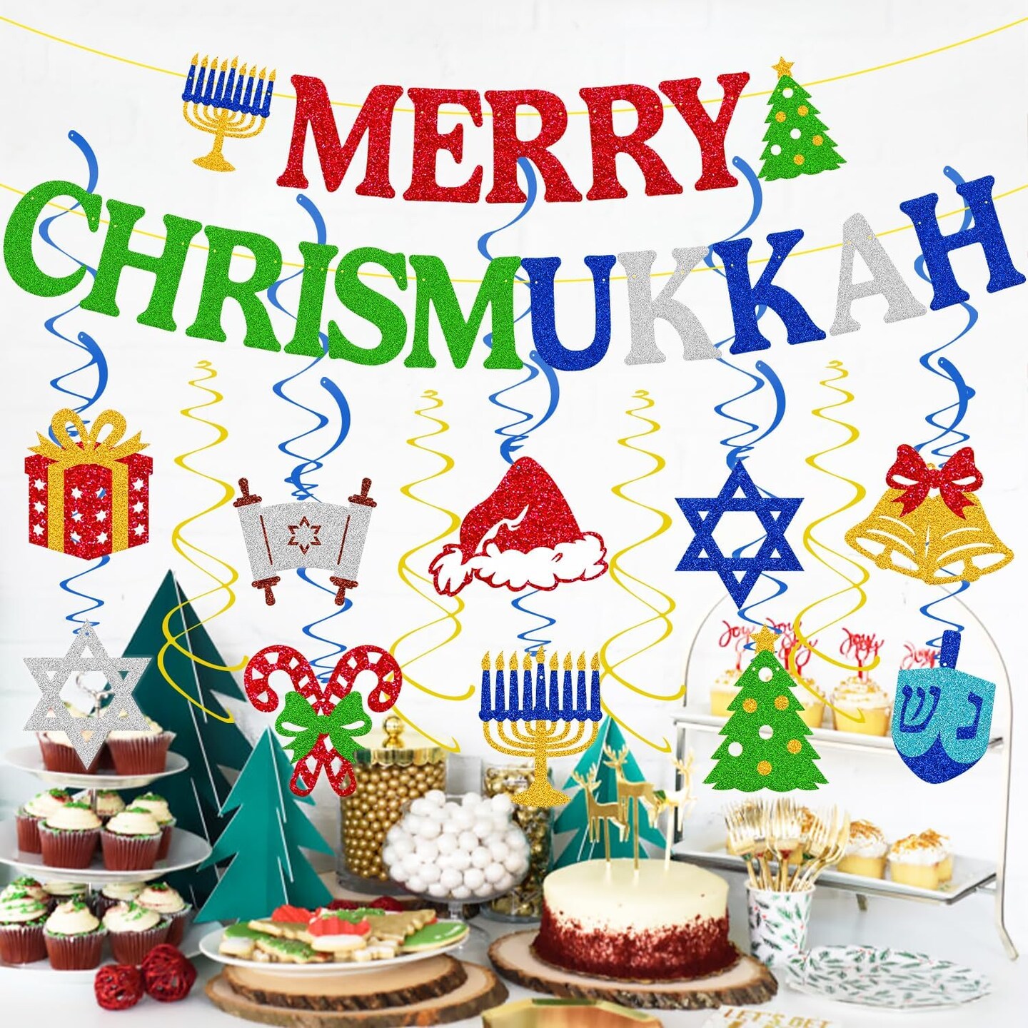 Merry Chrismukkah Banner Merry Chrismukkah Party Decorations Christmas &#x26; Hanukkah Theme Hanging Swirls Merry Christmas Happy Hanukkah Party Decor Chanukah Festival Holiday Party Supplies