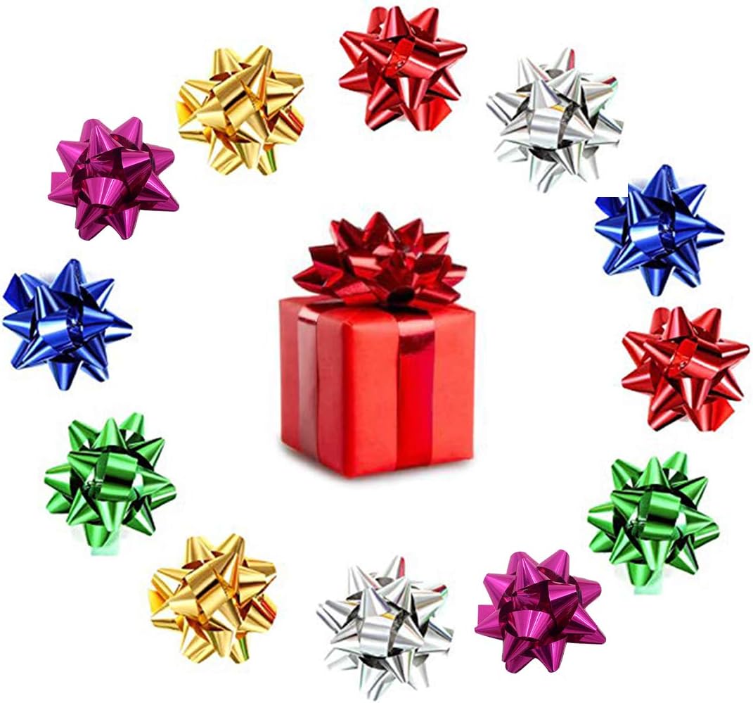120pcs Mini Gift Bow, 1" Inch Metallic Star Bow Small Tiny Stick On Bows for Present Holiday Christmas Birthday Party Decoration Wrapping 6Color