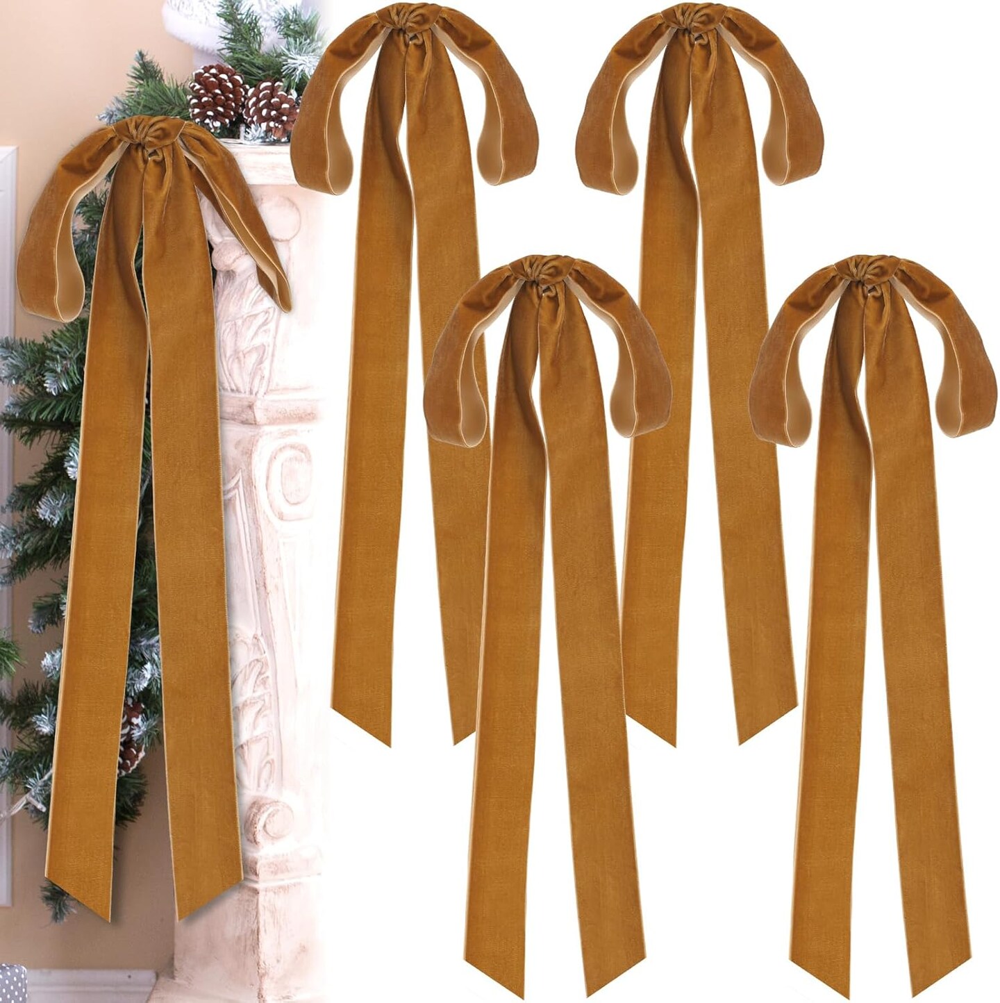 4 Pcs Velvet Christmas Bows 23.5 x 8.7 Inches Large Velvet Christmas Staircase Wreath Bows Rustic Crafts Velvet Bows for Christmas Indoor Outdoor Decoration