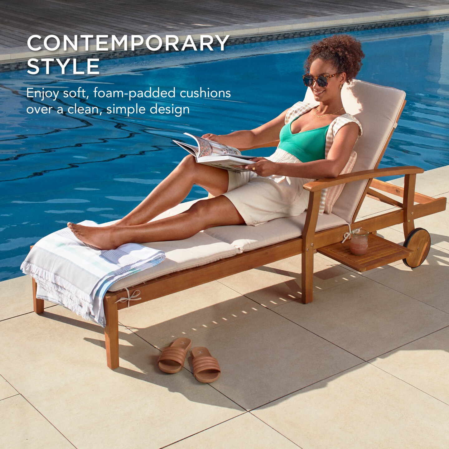 Best Choice Products 79x26in Acacia Wood Outdoor Chaise Lounge Chair w/ Adjustable Backrest, Table, Wheels