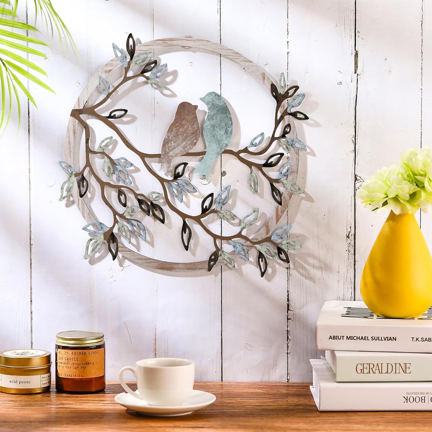 Metal Wall Art Bird on Tree Branch Bird Wall Silhouette Bird Wall Art Decor for Living Room Garden Bedroom Office Home Wall Housewarming Party Decor (Fresh Color)