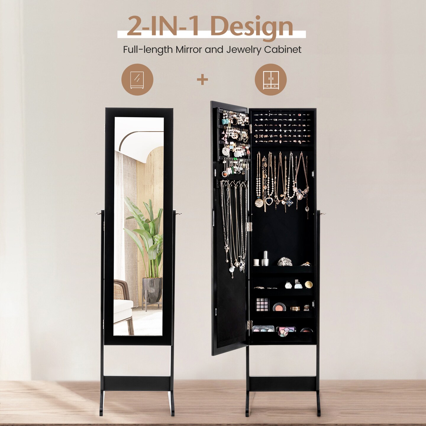 Costway Jewelry Mirrored Cabinet Armoire Organizer Storage Box with Stand Christmas Gift Black/White/Coffee/Brown