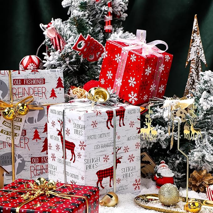 Paper Roll - Rustic Holiday Woodland Scenes - Snowflake, Plaid, Reindeer - 4 Rolls - 30 Inch X 120 Inch Per Roll