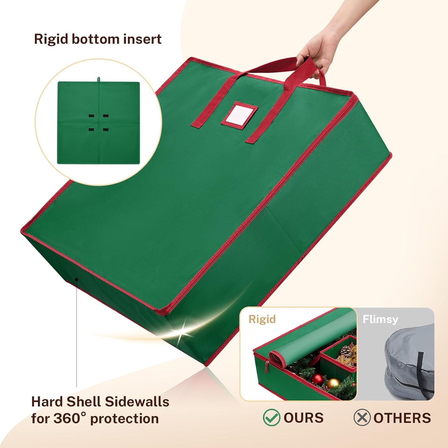 Christmas Wreath Storage Container 24 inch, Hard Shell Wreath Storage Bag with Inner Pocket, Sturdy Handles and Zippers, 600D Oxford Holiday Ornament Wreath Storage Box (GREEN, 1pc)