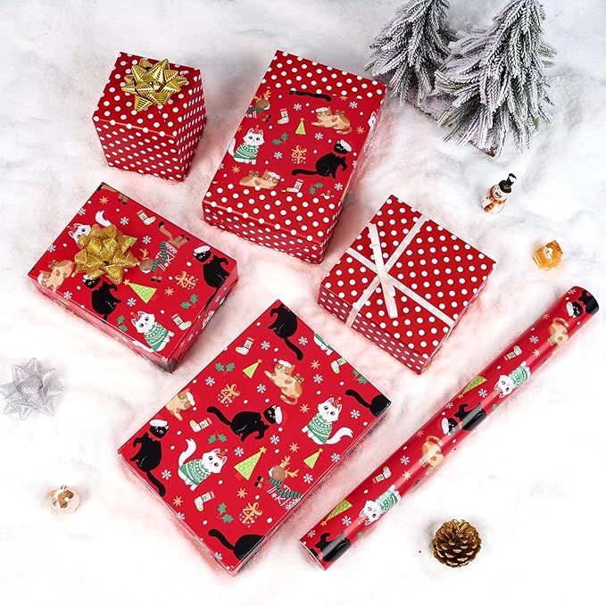 - 1 Roll 17” x 33 ft Kitty Red Kids Christmas Wrapping Paper Birthday Party Gift Funny Christmas Wrap Decoration Polka Dot