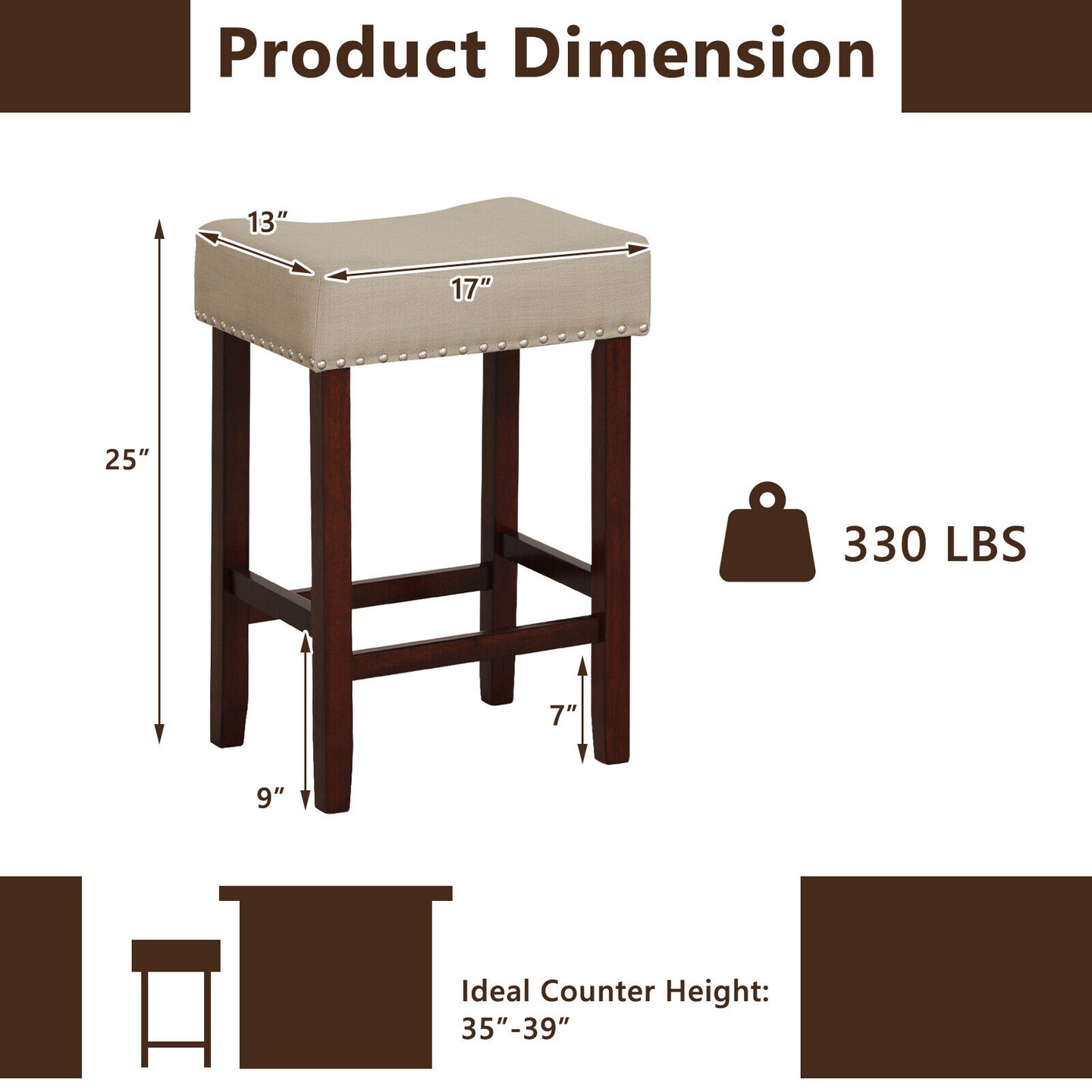 24 Inch Set of 2 Bar Stool with Curved Seat Cushions and Nail Head Trim