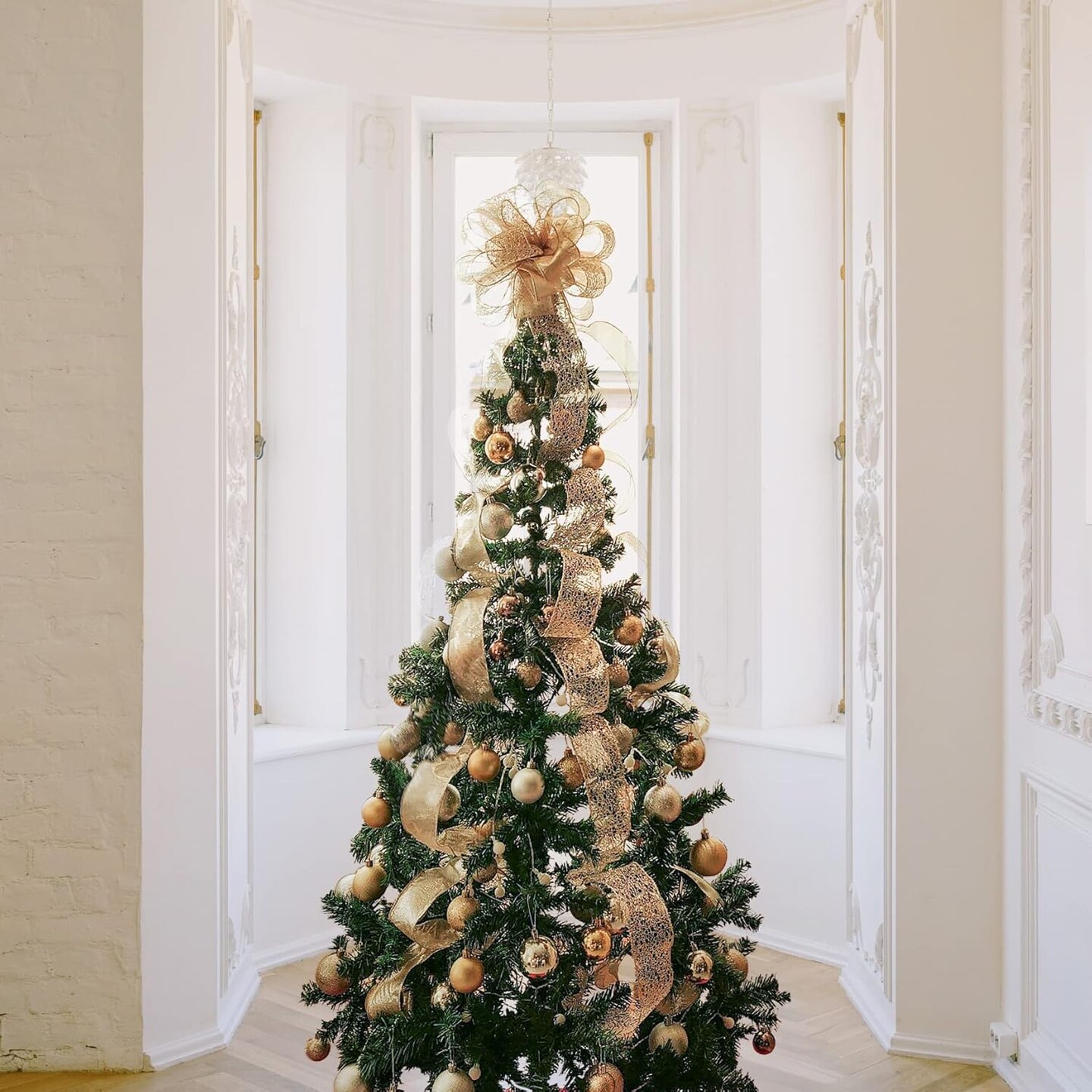 Christmas Tree Topper Bow - Bow: 11&#x22; sq. - Tails: 3 Yards Long Each - Champagne Snowflake