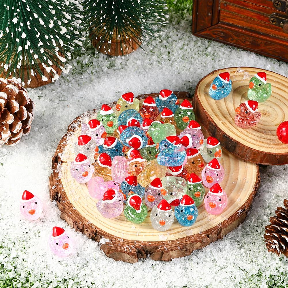 Christmas Mini Glitter Ducks 60pcs Colorful Tiny Small Little Resin Ducks to Hide Plastic Miniatures
