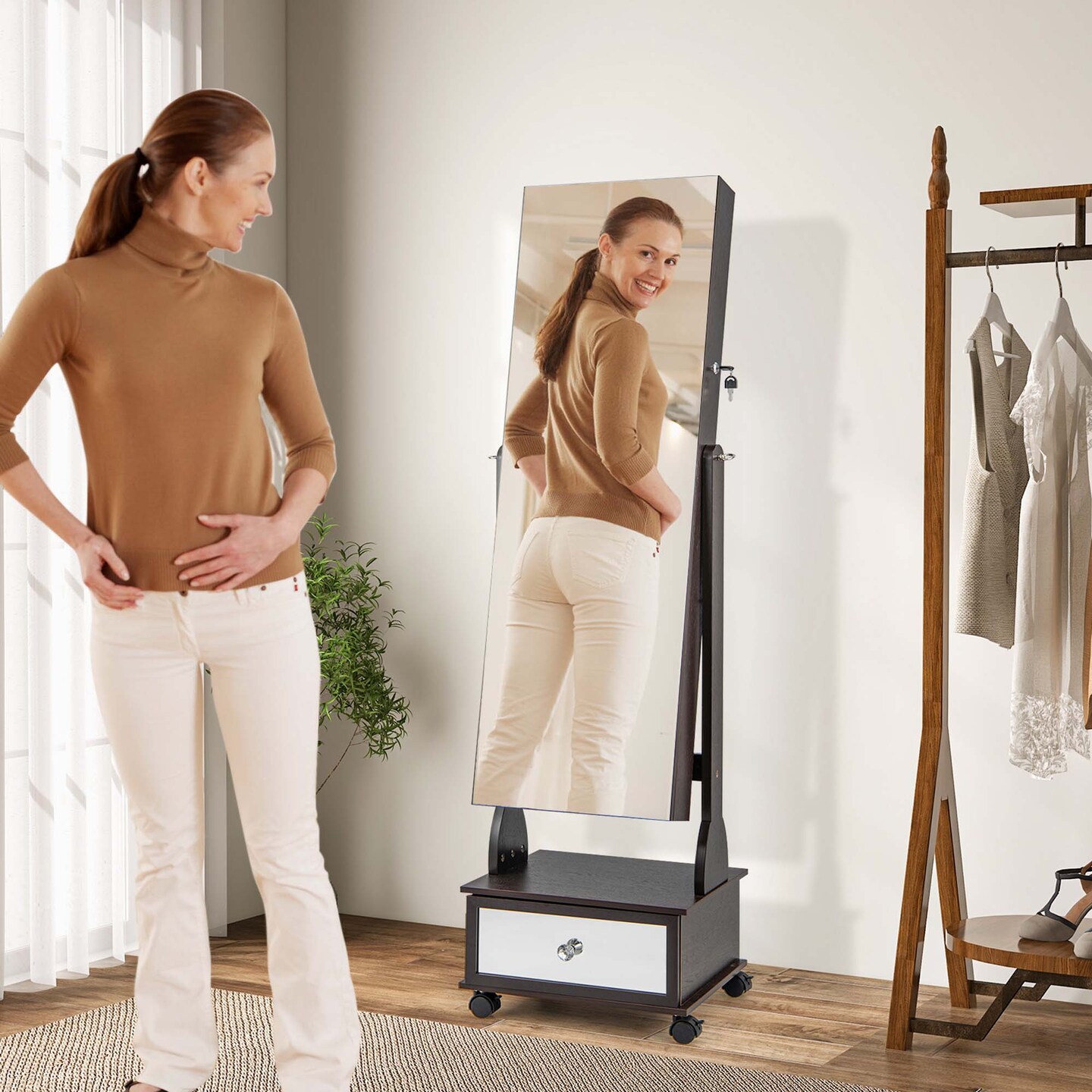 Costway Jewelry Cabinet Armoire Full-Length Mirror Lockable with 3-Color LED Lights Brown/Coffee/White