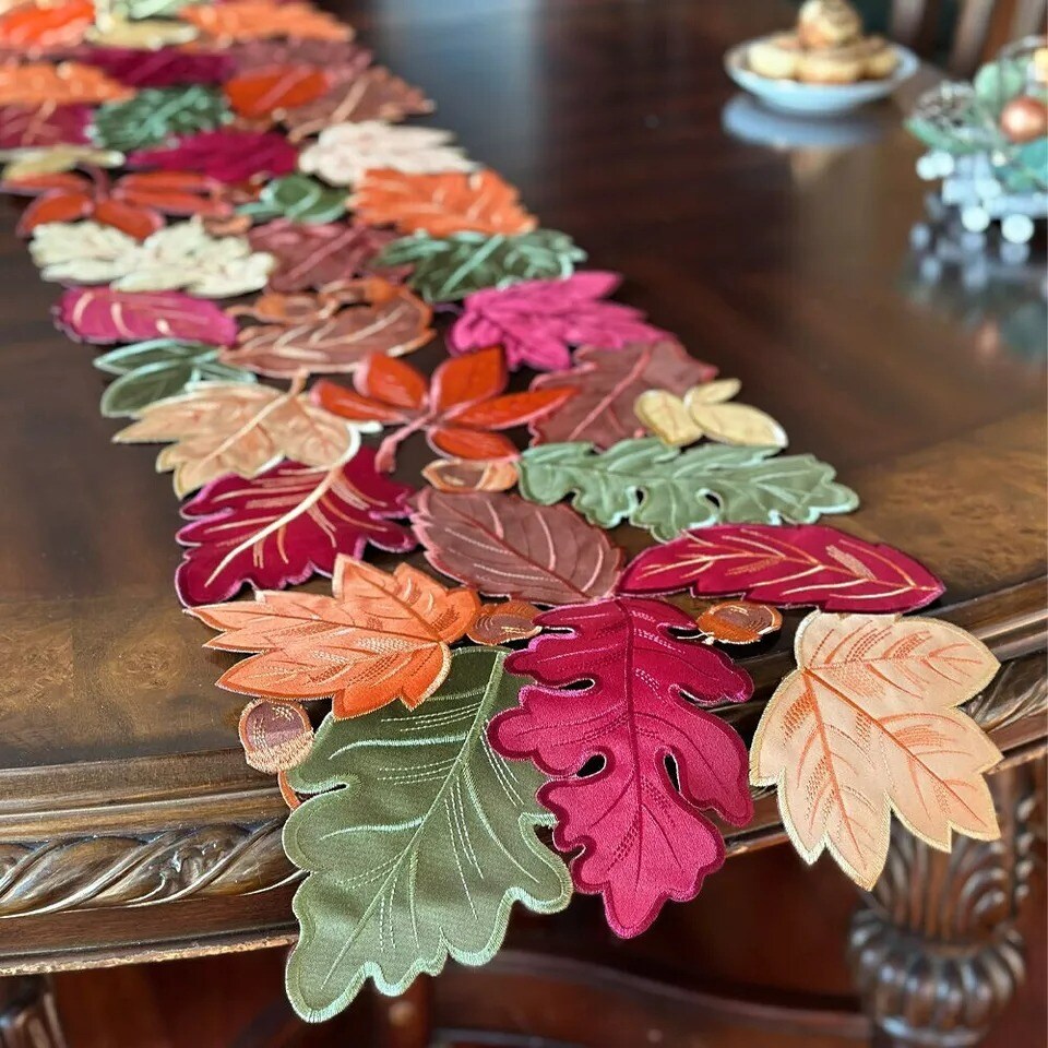 AUTUMN LEAVES Table Runner, Handmade, 13&#x22;x90&#x22; Fall Decoration Thanksgiving Decor