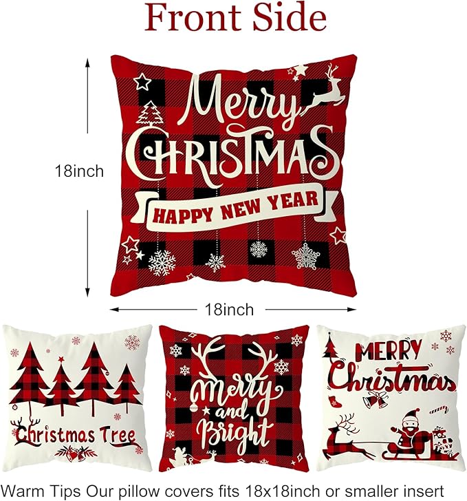 Christmas Decorations, Christmas Decor Christmas Pillow Covers 18x18 Set of 4 Red Black Buffalo Check Plaid Christmas Decorations Clearance Indoor Outdoor Xmas Throw Pillow Cases for Sofa Couch