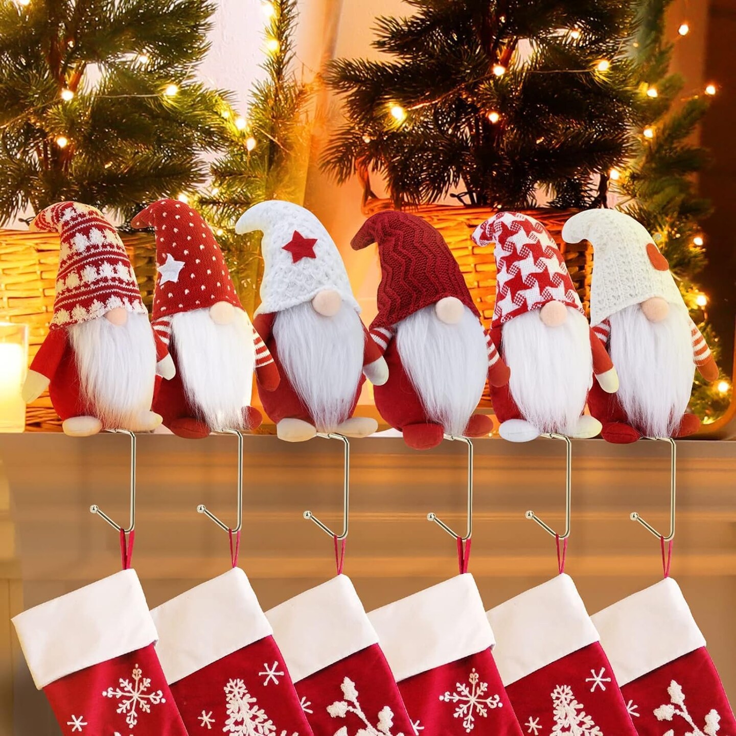 Christmas Stocking Holders for Mantle Set of 6, Gnome Stocking Holders for Mantle, Christmas Stocking Hangers for Mantel Set of 6, Stocking Hooks for Mantle Stocking Hangers Fireplace Stocking Hangers
