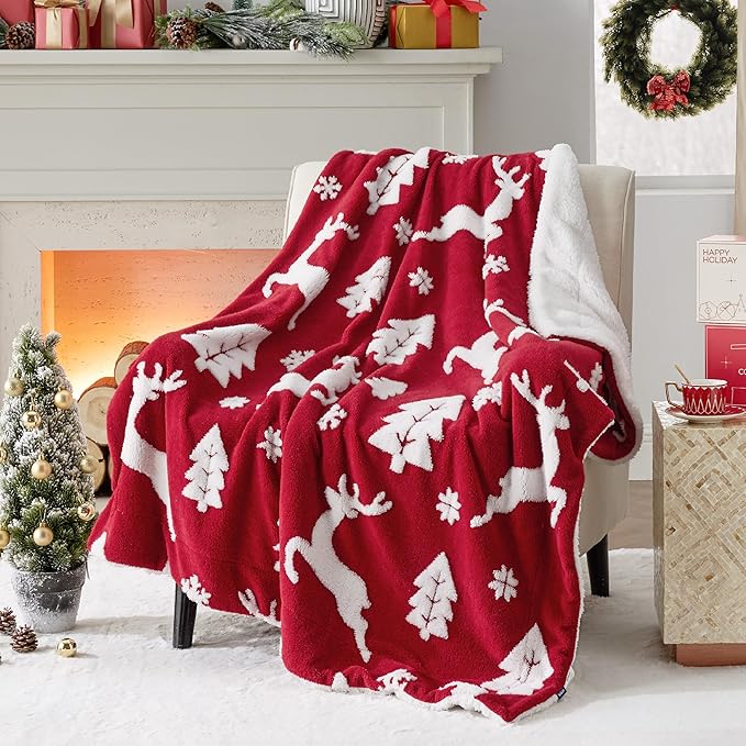 Christmas Blanket Red - Luxury Christmas Decorations Holiday Deer Blanket Warm Cozy Sherpa Blanket Gift 50"x60"