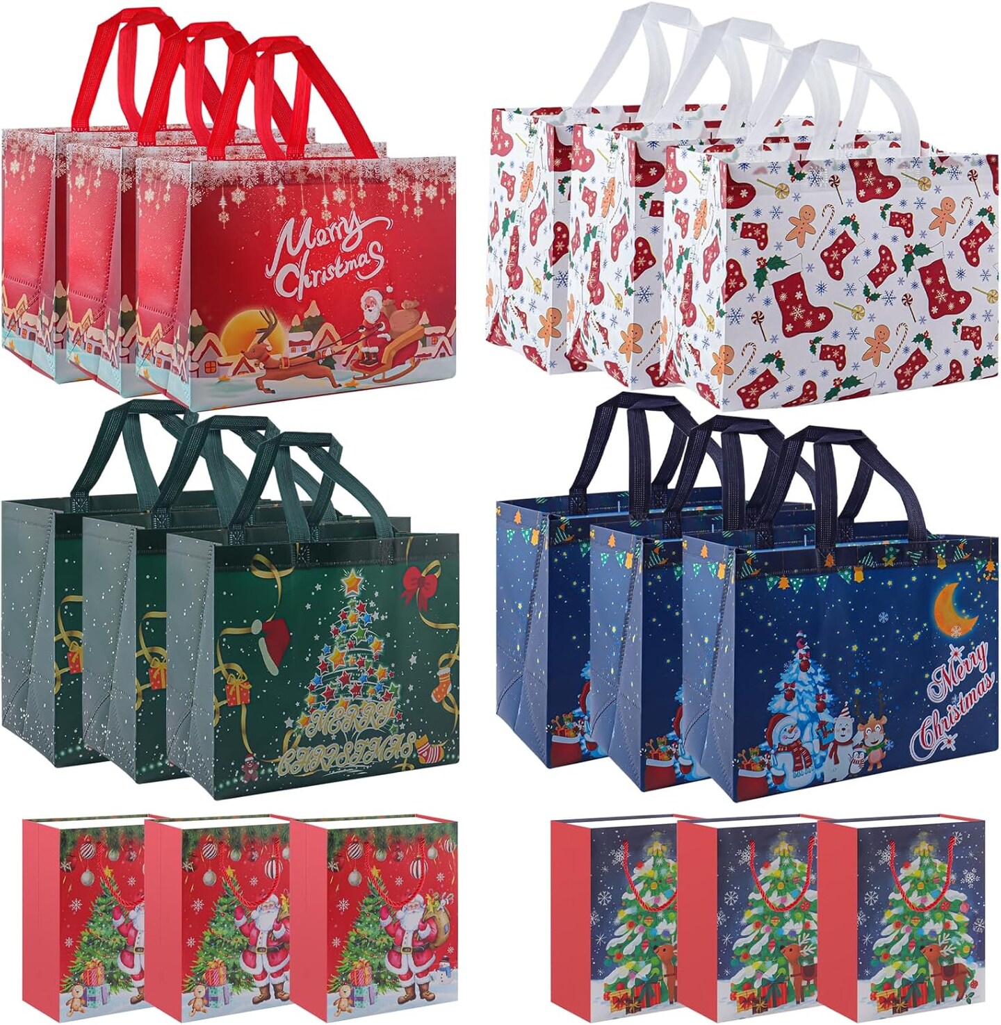 18 Pack Christmas Gift Bags Assorted Sizes,Large Non-Woven Christmas Tote Bags Christmas Reusable Gift Bags with Handles - Large Xmas Gift Bags