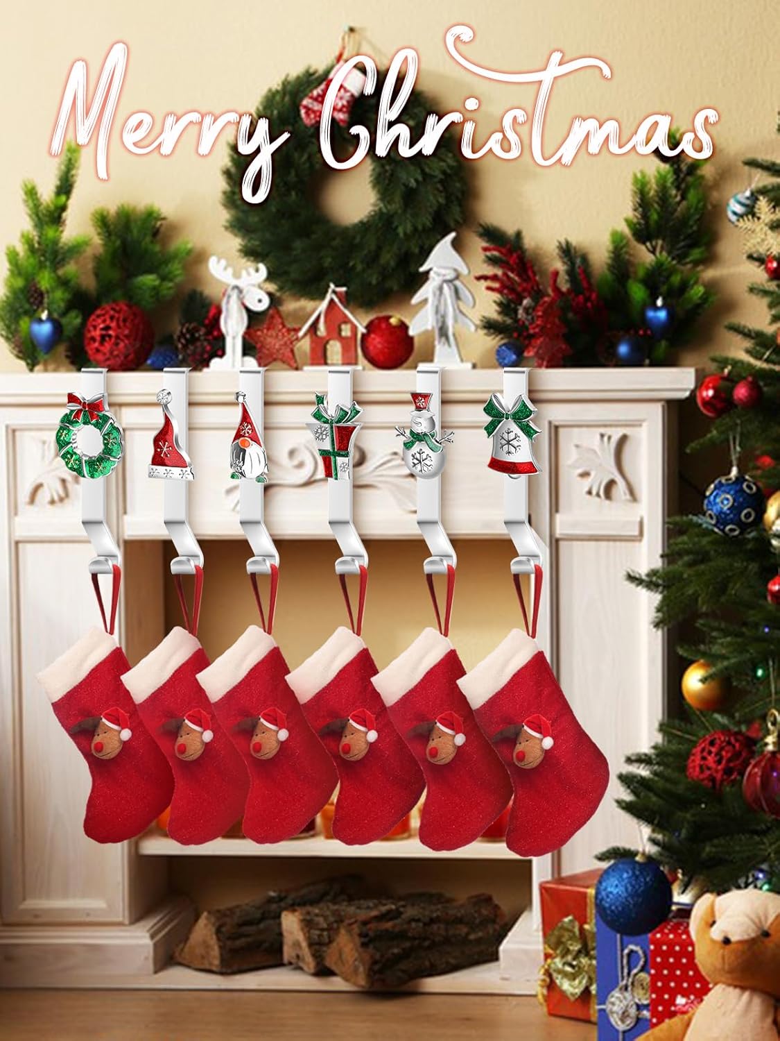 6Pcs Christmas Stocking Holders, Christmas Pattern Design Stocking Hangers Silver Non-Slip Stocking Holders for Mantle Xmas Stocking Hangers for Fireplace Shelf Table Mantel