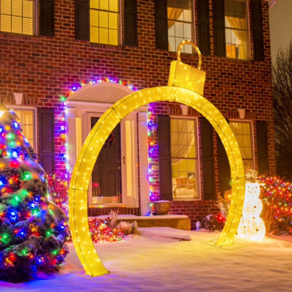 10.5 Feet Christmas Pre-Lit Arch with Gold Ornament Cap and 300 Warm White LED Lights