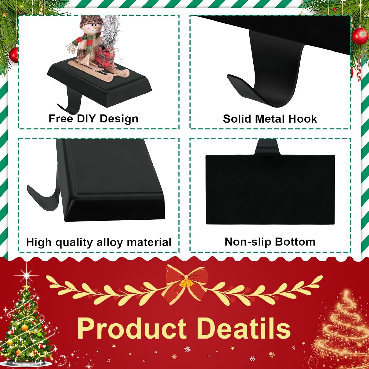 Christmas Stocking Holder for Mantle Set of 2, Black Christmas Stocking Hanger with Hook, Non-Slip Heavy Stocking Holders for Christmas Fireplace Mantel Decoration