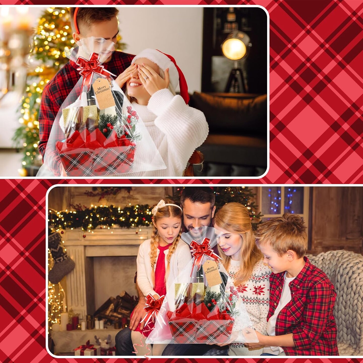 48 Pcs Christmas Buffalo Plaid Baskets for Gifts Empty with Handles DIY Kit Includes 12 Gift Baskets 12 Clear Gift Bags 12 Tissue Paper 12 Bows 12 Gift Tag for Christmas Holiday Birthday Gift